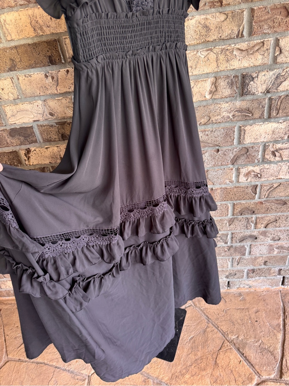 Baltic Born Jasmine Ruffle Maxi Dress Black Lace Trim Smocked Flutter Sleeve M - Picture 8 of 16